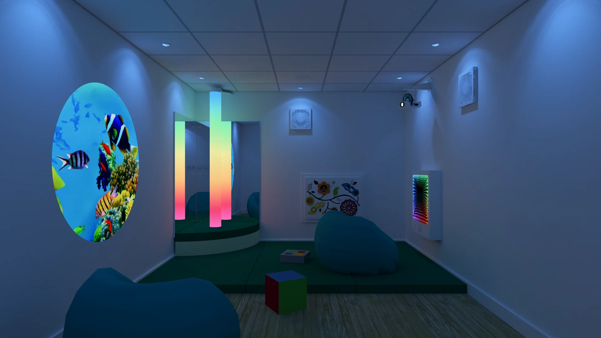 3D Rendered Sensory Room Design With Sensory Equipment and Lighting